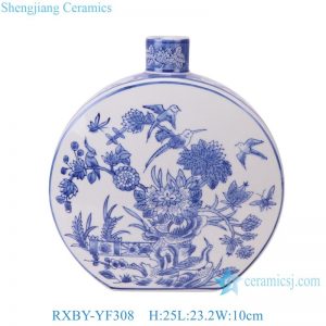 RXBY-YF308 Porcelain Home Decoration Blue Flower and Bird Pattern Ceramic Flat Vase