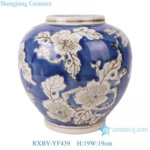 RXBY-YF439  High Quality Home Decorations with Large Belly in White Leaf Pattern on Blue Background Ceramic Vase