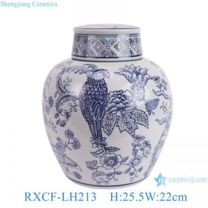 RXCF-LH213 Modern blue and white flower bird pattern Ceramic flat lidded Jar pot