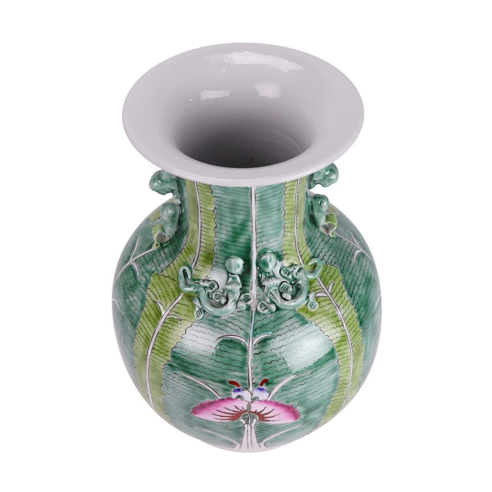 Jingdezhen porcelain pastel home decoration cabbage butterfly pattern double ear ceramic vase top view