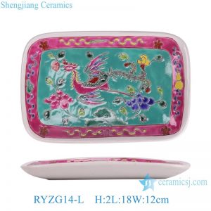 RYZG14-L Rectangular Ceramic Fruit Plate with Phoenix and Peony Pattern on Green Background