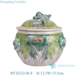 RYZG32-B-S-L Jingdezhen Ceramic Pastel Bok Choy Cabbage Flower Butterfly Pattern Rice Drum Ceramic Jar