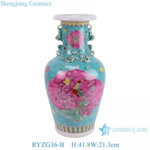 RYZG36-B Pastel enamel on green background with peony motif with two ears ceramic vase