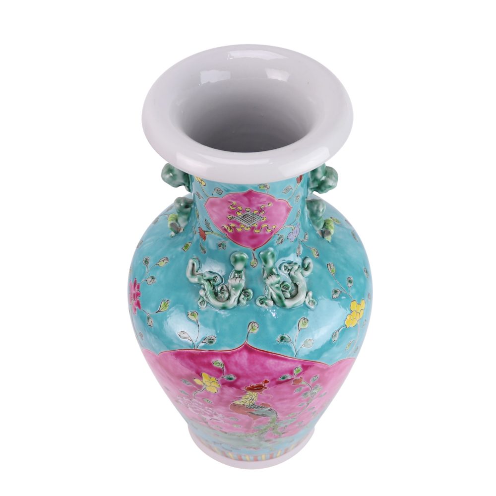 Famille rose enamel on green ground with peony motif, top view of a two-eared ceramic vase