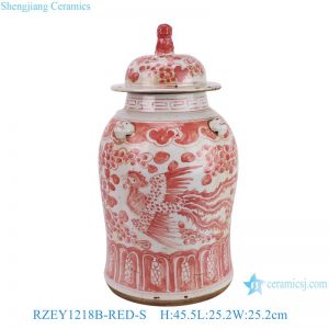 RZEY1218B-RED-S Jingdezhen Glazed Red Lion Head General Jars Hand Painted Phoenix Pattern Flower Vase Lidded Ginger Jar