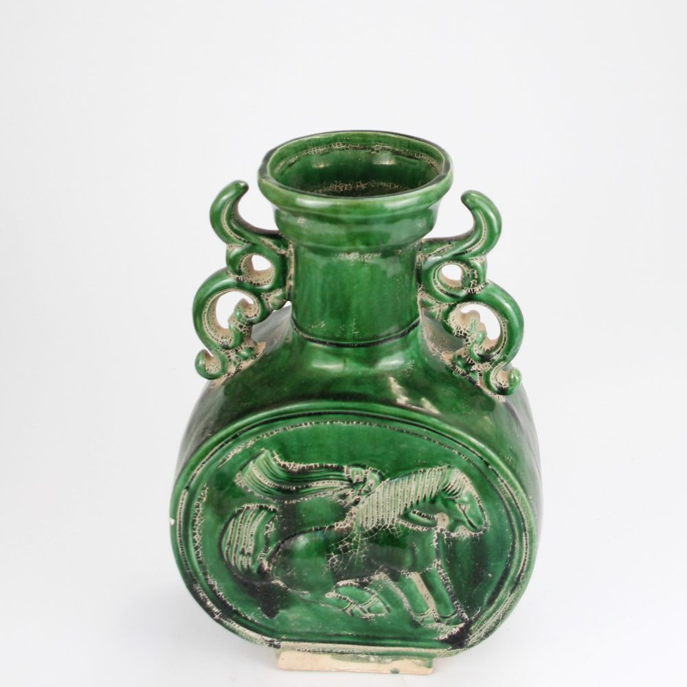 RZLN16-A High-end home decoration green carving horse flat belly two handles vase top view