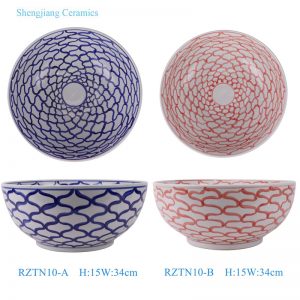 RZTN10-A-B Blue Red and white hand painted line big Ceramic bowl fish tank