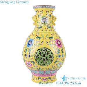 RYLW21 Pink Pastel yellow base elephant ear plucking flower Spring bottle hollowed out Ceramic rotating decorative flower Vase