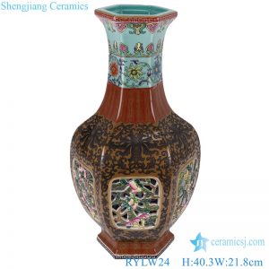 RYLW24 Pink, Ink, pastel color Twisted flower pattern Window Opening, Hollow out Ceramic Hexagonal Vase