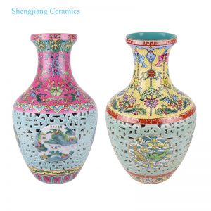 RYLW25-A Pink Pastel painted flower with red and blue background Twisted flower pattern hollowed out carving landscape ceramic decorative Vase