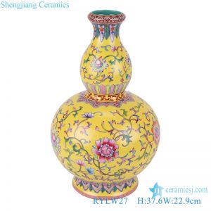 RYLW27 Pink Pastel yellow base Twsited Flower pattern Ceramic gourd bottle Flower Vase