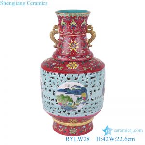 RYLW28 Red background hollowed out carving, window opening, landscape, double ear Ceramic revolving bottle Tabletop Flower Vase