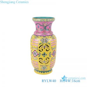 RYLW40 Famille rose Yellow color Twisted Flower Pattern Hollow out Jar Ceramic decorative flower revolving Vase