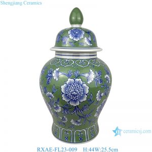 RXAE-FL23-009 Green Background Blue and White Porcelain Ginger Jar with Lids Handmade Ceramic Jars