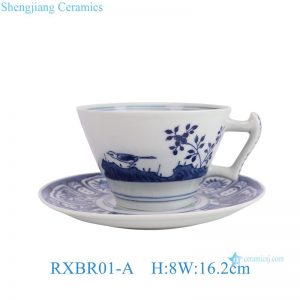 RXBR01-A Blue and haind painted flower pattern ceramic coffee cup with plate set