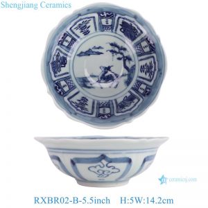 RXBR02-A-B-C-D 5.5inch Blue and white Hand painted fish and algae plum phoenix , flower and bird pattern wide edged Ceramic Decorative bowl