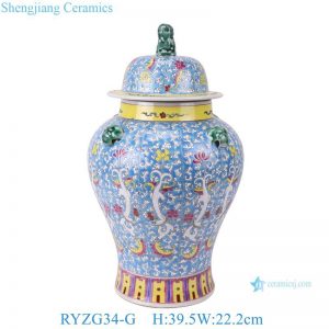 RYZG34-G Jingdezhen Famille Rose Porcelain Ginger Jars with Lion Head Lid Handpainted Blue Ground Ceramic Flower Vase