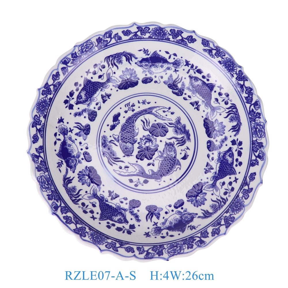 RZLE07-A-L Jingdezhen high-quality blue and white porcelain fish and algae pattern decorative ceramic plate large size