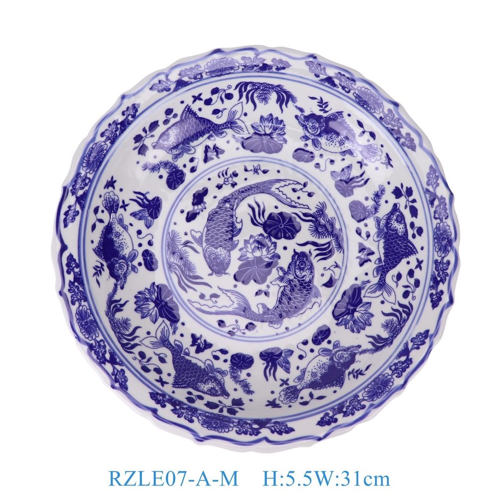 RZLE07-A-M Jingdezhen high-quality blue and white porcelain fish and algae pattern decorative ceramic plate large size