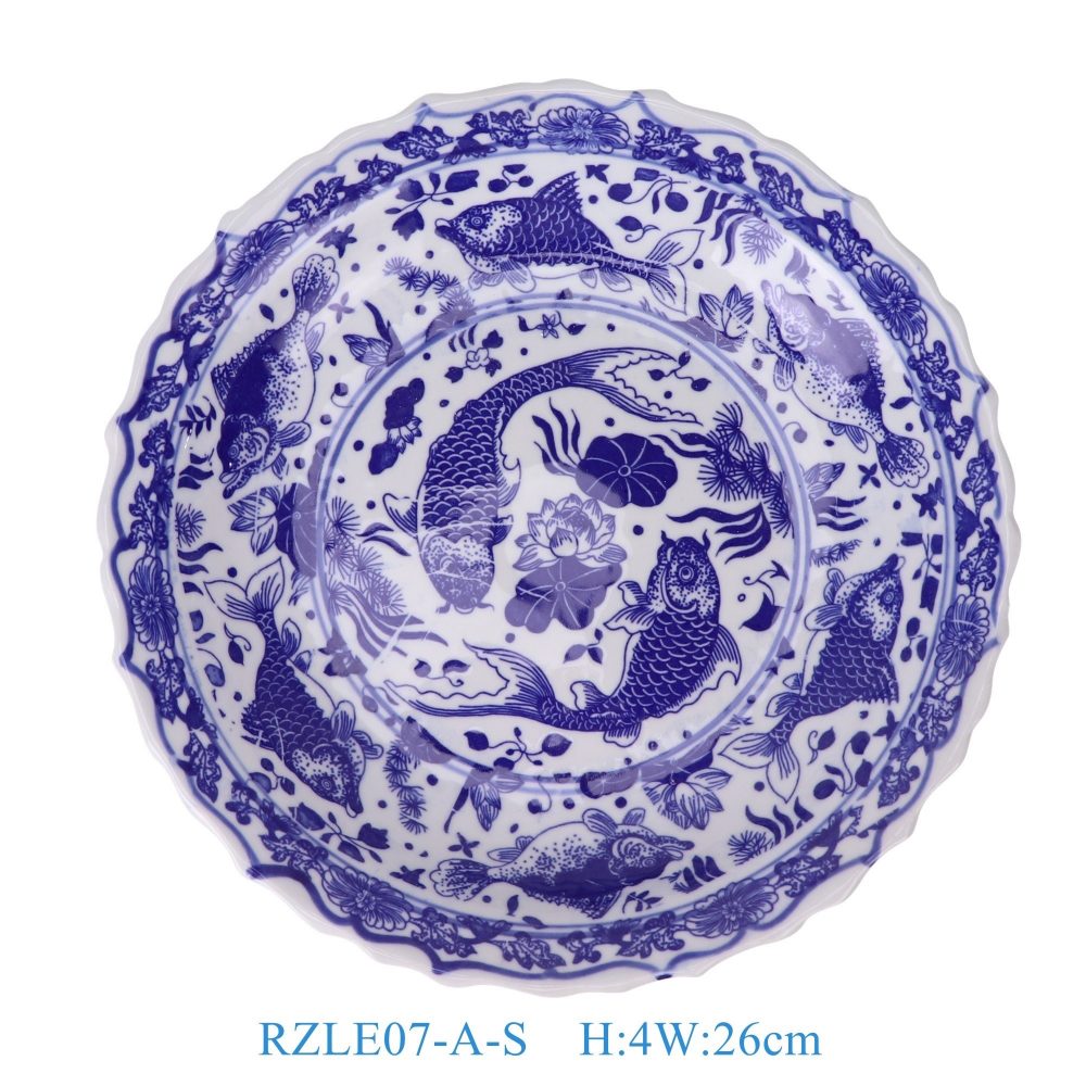 RZLE07-A-S Jingdezhen high-quality blue and white porcelain fish and algae pattern decorative ceramic plate small size