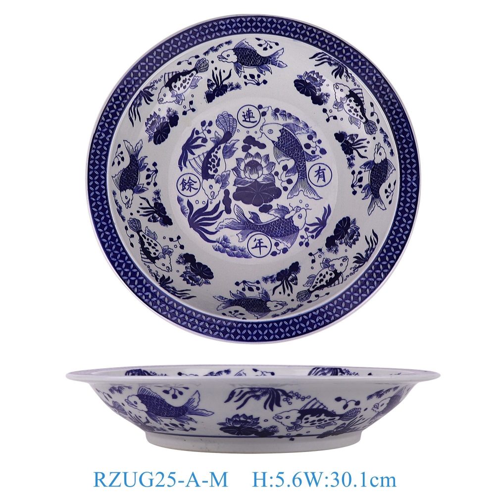 RZUG25-A-M Jingdezhen high-quality blue and white porcelain fish and algae pattern household tableware medium size ceramic dinner plate