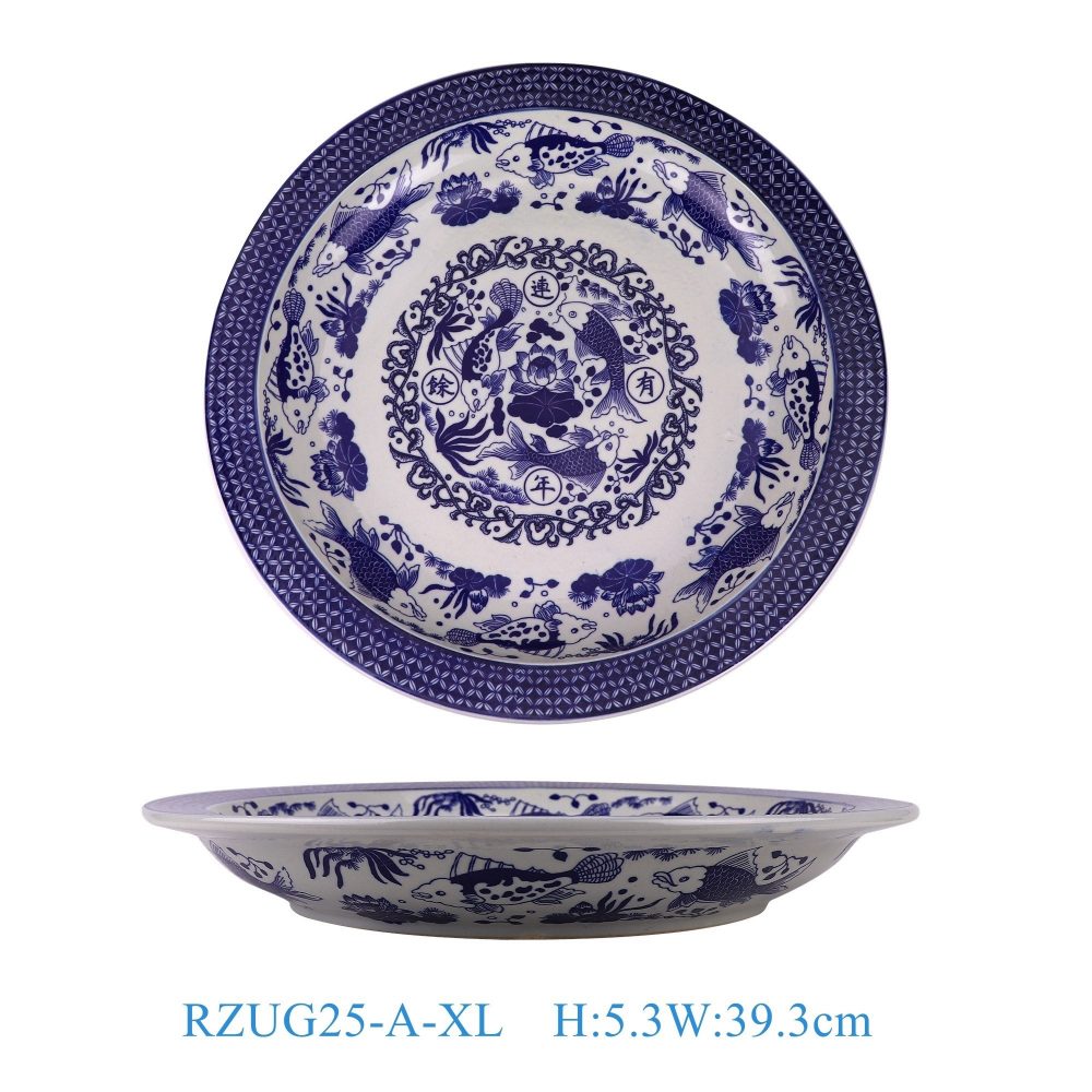 RZUG25-A-XL Jingdezhen high-quality blue and white porcelain fish and algae pattern household tableware extra large ceramic dinner plate