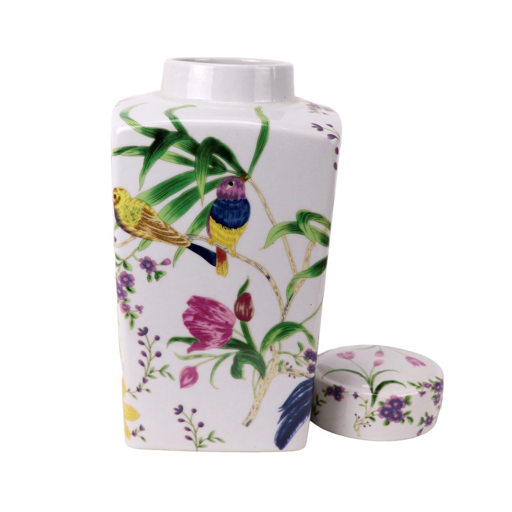 RXAE-67053 Jingdezhen painted flower and bird pattern square ceramic tea can with lid side view