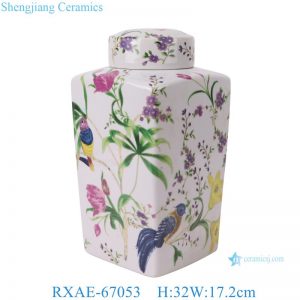 RXAE-67053 Jingdezhen painted flower and bird pattern square ceramic tea jar with lid