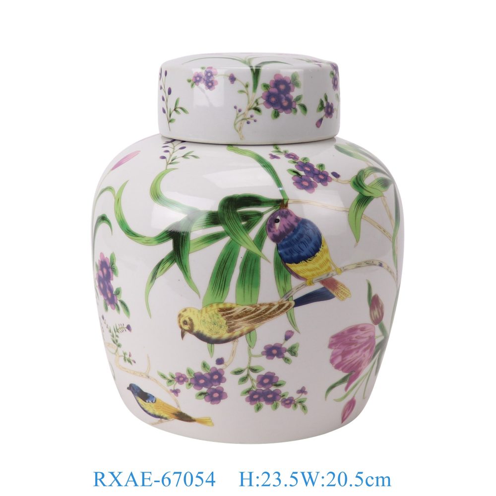 Jingdezhen painted flower and bird pattern ceramic tea jar with lid