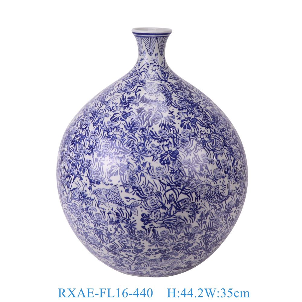 Jingdezhen porcelain blue and white fish and algae pattern pot belly pomegranate shaped ceramic flower vase