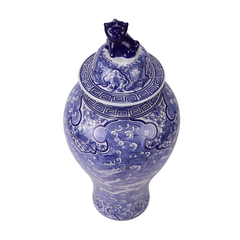 Jingdezhen porcelain blue and white seawater dragon pattern ceramic ginger jar with lid top view