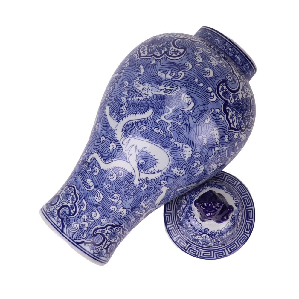 Jingdezhen porcelain blue and white seawater dragon pattern ceramic ginger jar with lid side view