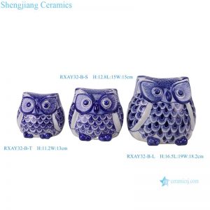 RXAY32-B-T RXAY32-B-S and RXAY32-B-L  Jingdezhen blue and white ceramic sculpture owl size mini size combination