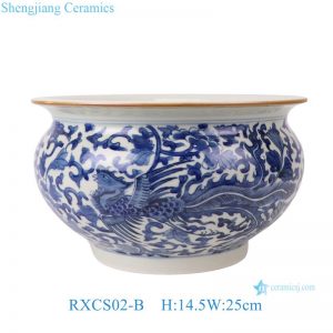 RXCS02-B  Jingdezhen hand-painted blue and white phoenix peony pattern furniture decoration ceramic small vat water shallow incense burner