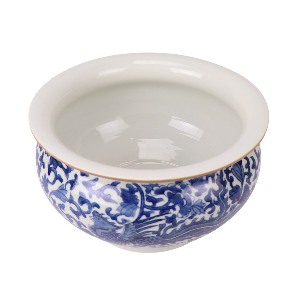 RXCS02-B Jingdezhen hand-painted blue and white phoenix and peony pattern furniture ornaments ceramic small tank water shallow incense burner top view