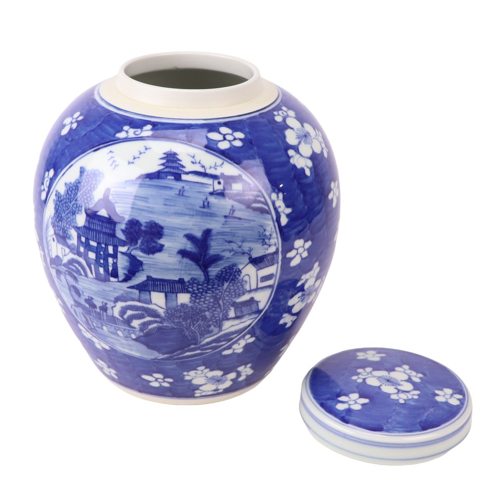 RXCS07-E Jingdezhen porcelain hand-painted blue and white ice plum window landscape pattern home furnishings ceramic round jar top view