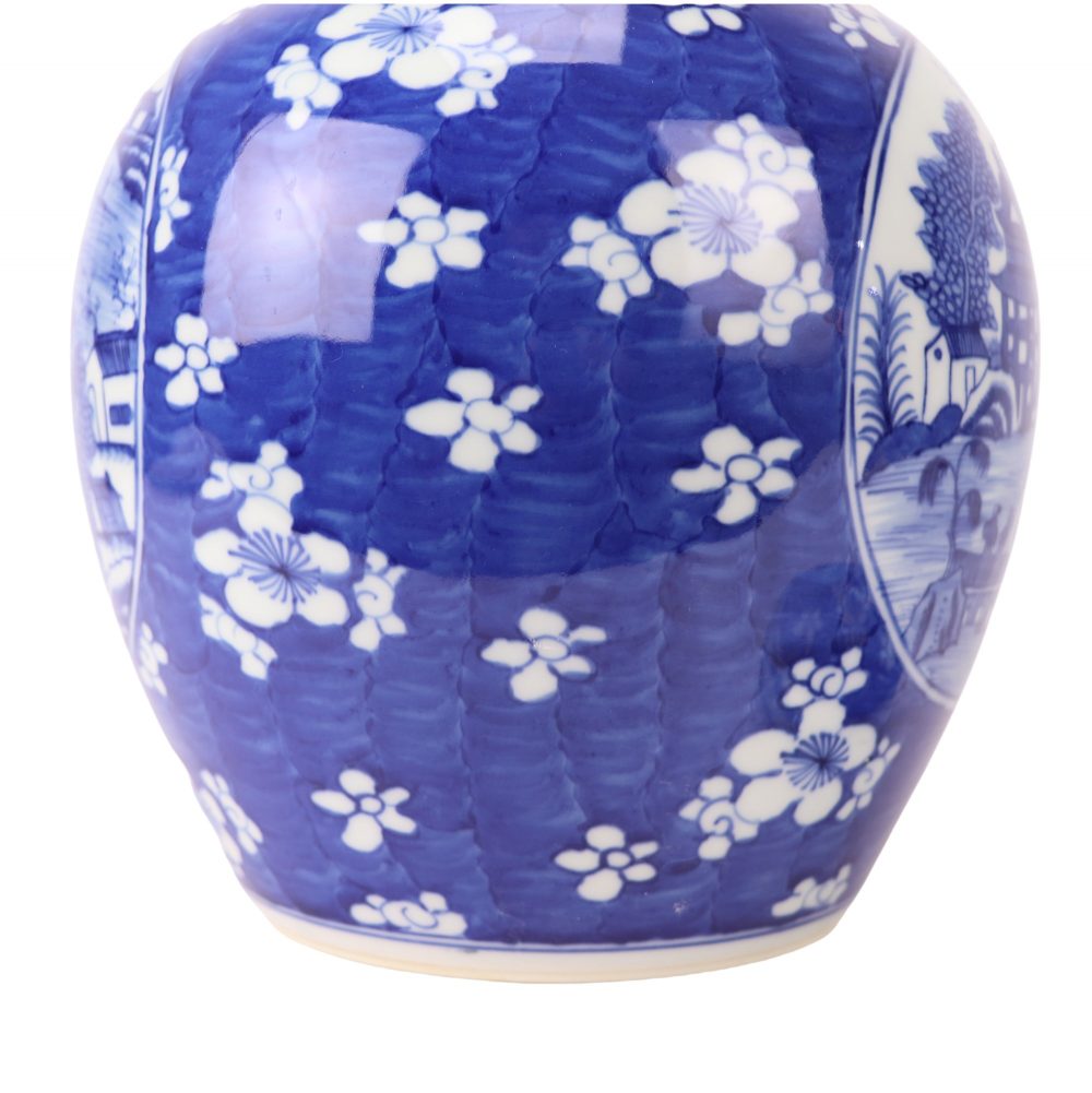 RXCS07-E Jingdezhen porcelain hand-painted blue and white ice plum window landscape pattern home furnishings ceramic round jar detail