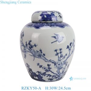 RZKY50-A Vintage blue and white porcelain ginger jar chinoiserie flower bird pattern ceramic vase