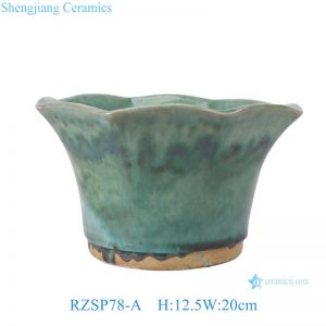 RZSP78-A Pottery Bowl Dish Planter dark Green Flower Edges Vintage flower pot