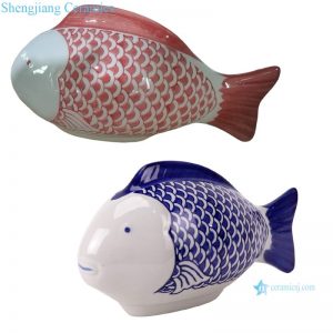 RZTO70 Antique Blue Red Color Porcelain Fish Sculpture Handmade Home Decorative Animal Figurines