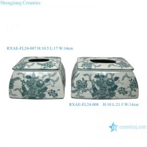 RXAE-FL24-007 & 008 Green and white Floral pattern square ceramic tissue box