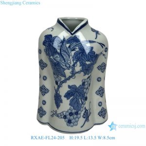 RXAE-FL24-205 Unique Blue and White Grape and Bird Pattern Cloth Shape Ceramic Vase