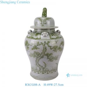 RXCG08-A Green and white handpainted Pine tree pattern Ceramic temple jars porcelain ginger jar