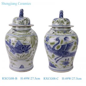 RXCG08-B-C Blue Green and white fish algae Crane patterned lion head general Temple jar