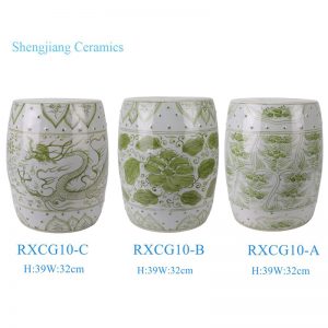 RXCG10-A-B-C Green and White hand painted Sunflower leaf Dragon pattern Ceramic Drum Stool Home seat