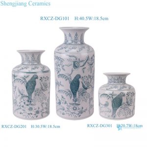 RXCZ-DG Chinese Crackle Glaze Green Parrot Porcelain Vase Vintage Flower and Bird Ceramic Vase