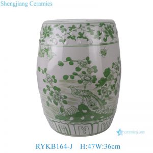 RYKB164-J Antiqued Flower Bird Pattern Ceramic Stool Green and White Porcelain Outdoor Stool Drum Seat