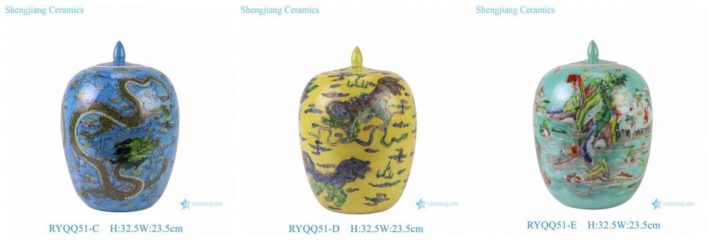 RYQQ51-CDE Porcelain ceramic winter melon jar pastel colorful dragon pattern lion figure landscape pattern home decoration