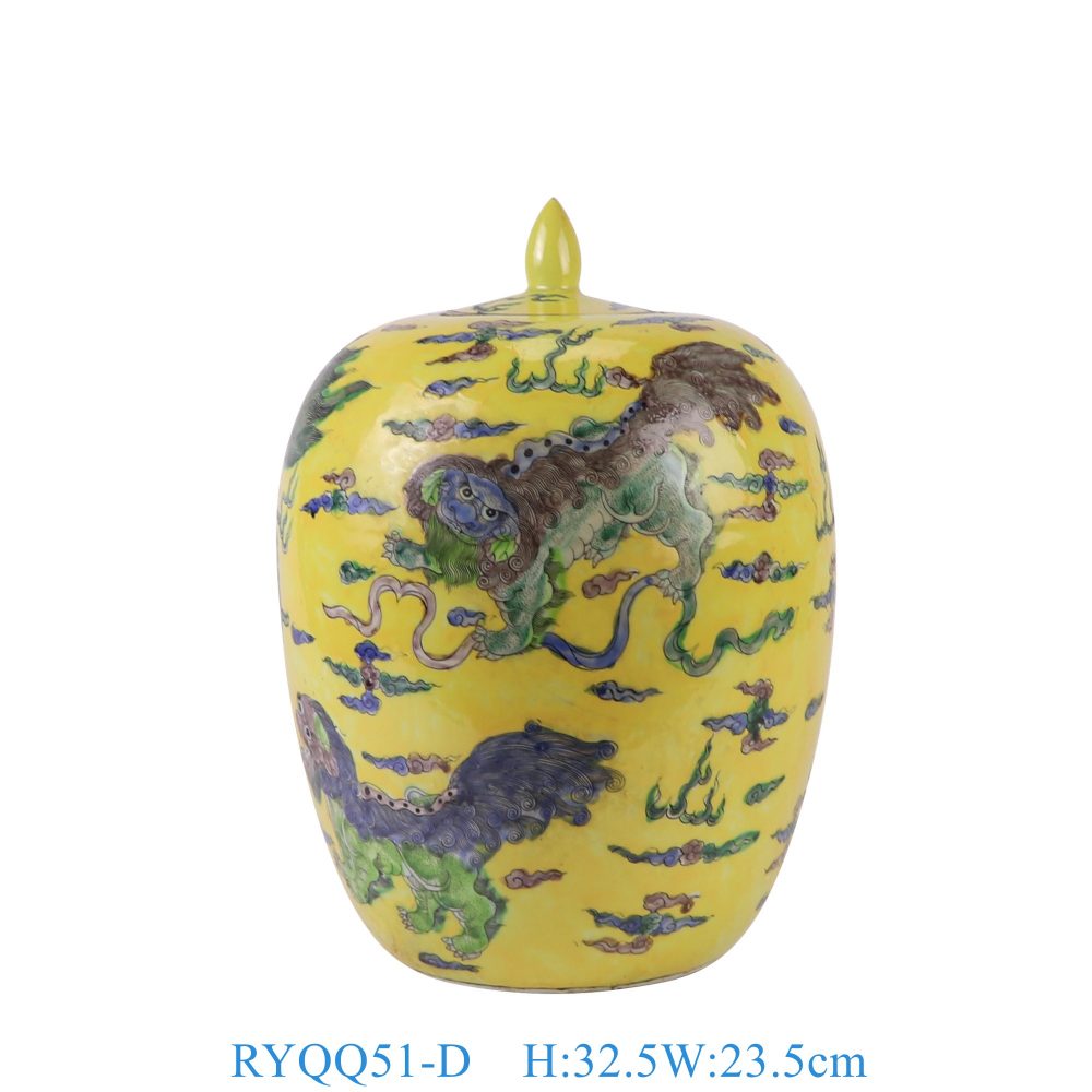 Ceramic porcelain home decoration ornaments yellow background lion playing ball pattern winter melon jar