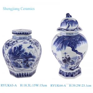 RYUK64-A/ RYUK65-A Jingdezhen Blue and white hand painted landscape figure hexagonal lid jar Character Boy General Jar